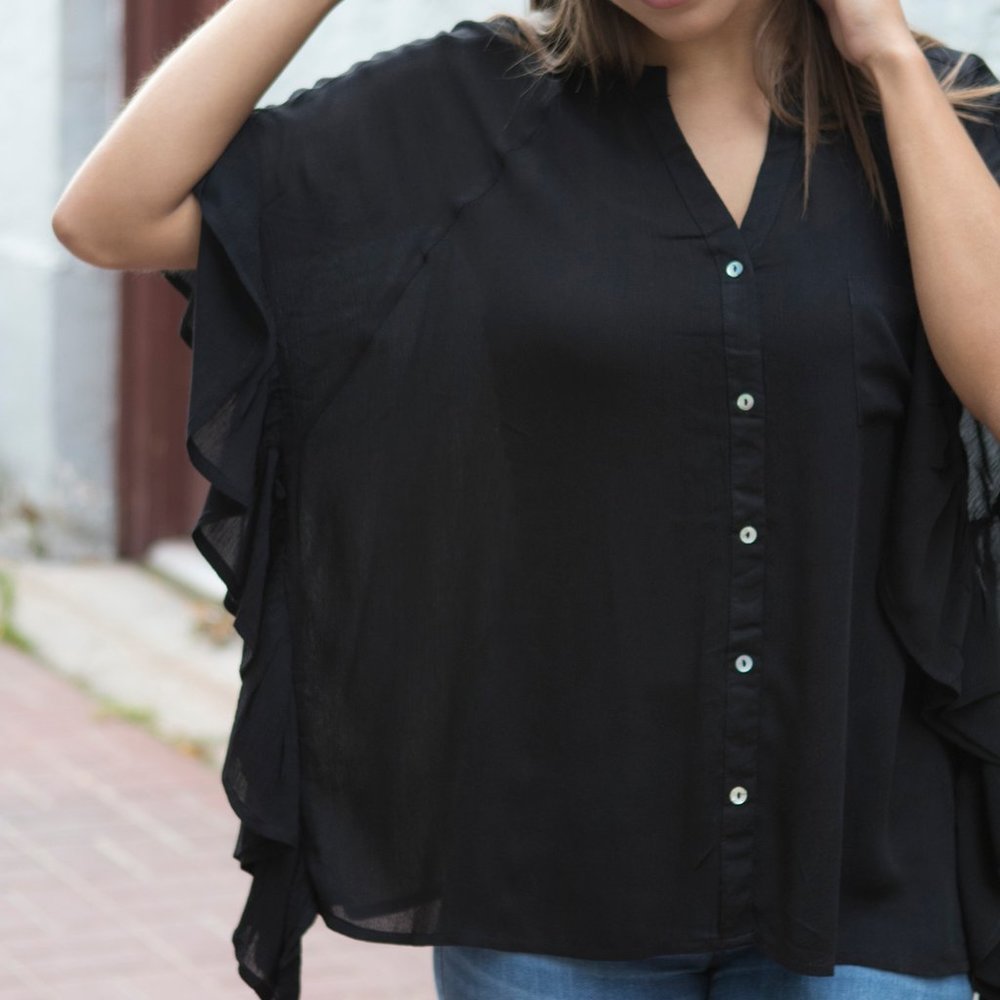 Black Short Sleeve Tee with Ruffle Side Detail